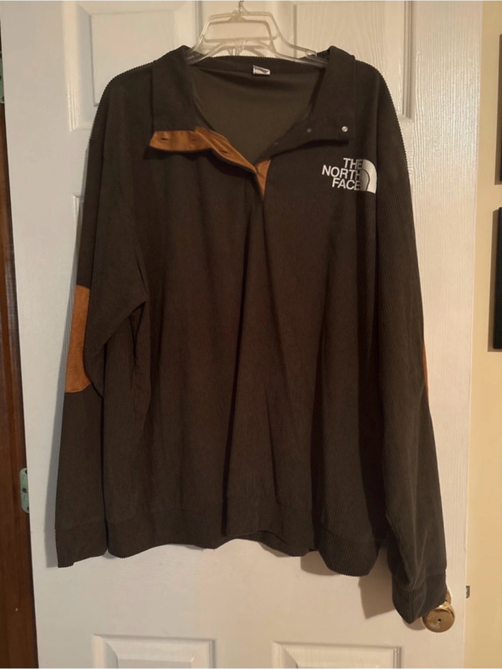 Olive button-Up Sweater with Tan Accents